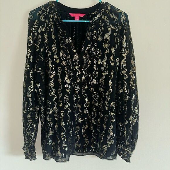 Lilly Pulitzer Tops - Lilly Pulitzer Black and Gold Angelika Ruffle Top SIZE M